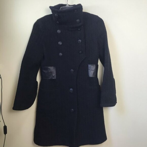 Mackage Wool Leather Fitted Coat Military Long Double Breasted Pea Minimalist M - Picture 2 of 16